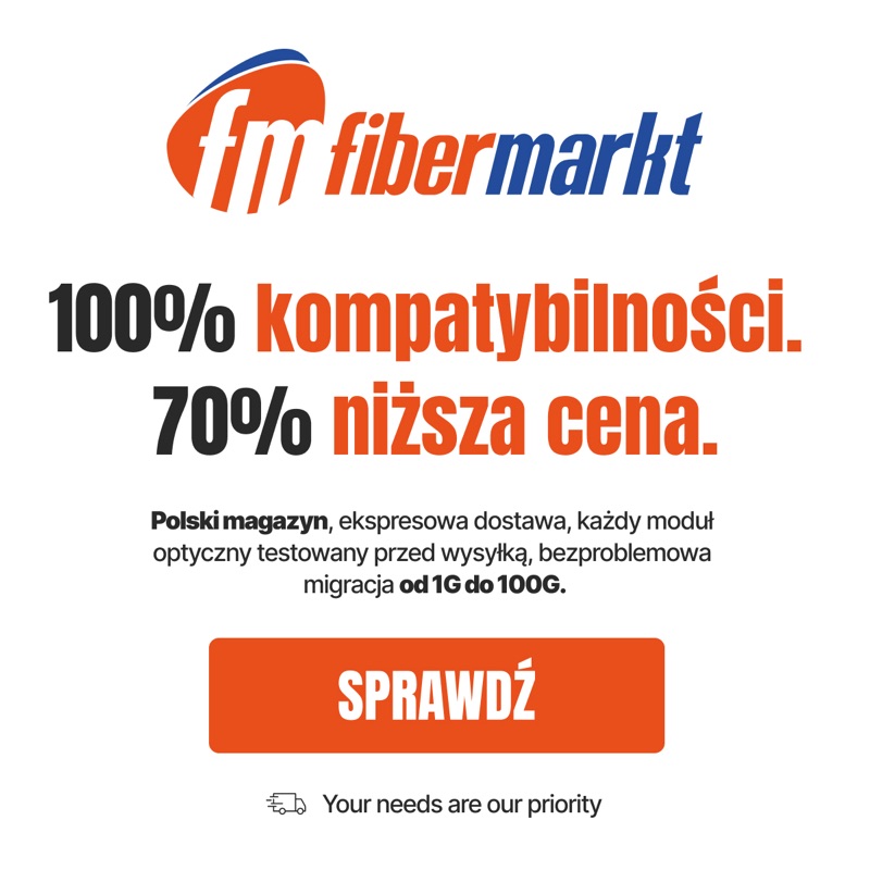Reklama Fibermarkt – wkładki optyczne, 100% kompatybilności, 70% niższa cena